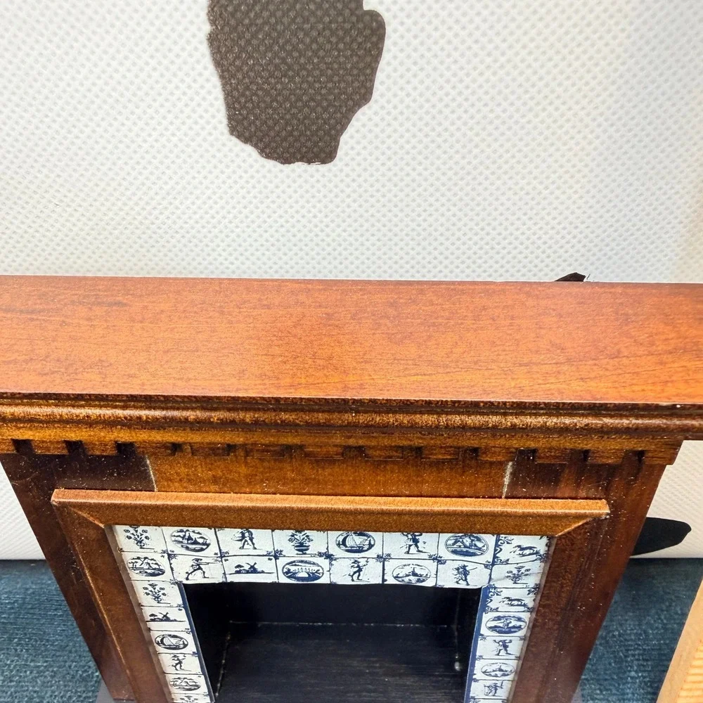 Vintage 1:12 Dollhouse Miniature Wood Fireplace Faux Delft Paper Tile Surround